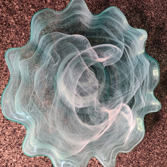 Rare Vintage Murano Style Teal and White Swirl Art Glass Dish 13"x2" Hand Blown - Picture 9 of 11